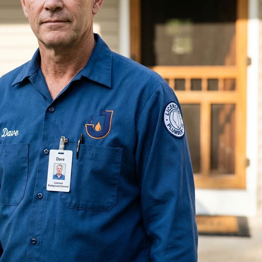 Licensed plumber showing ID badge in Bedford, IA