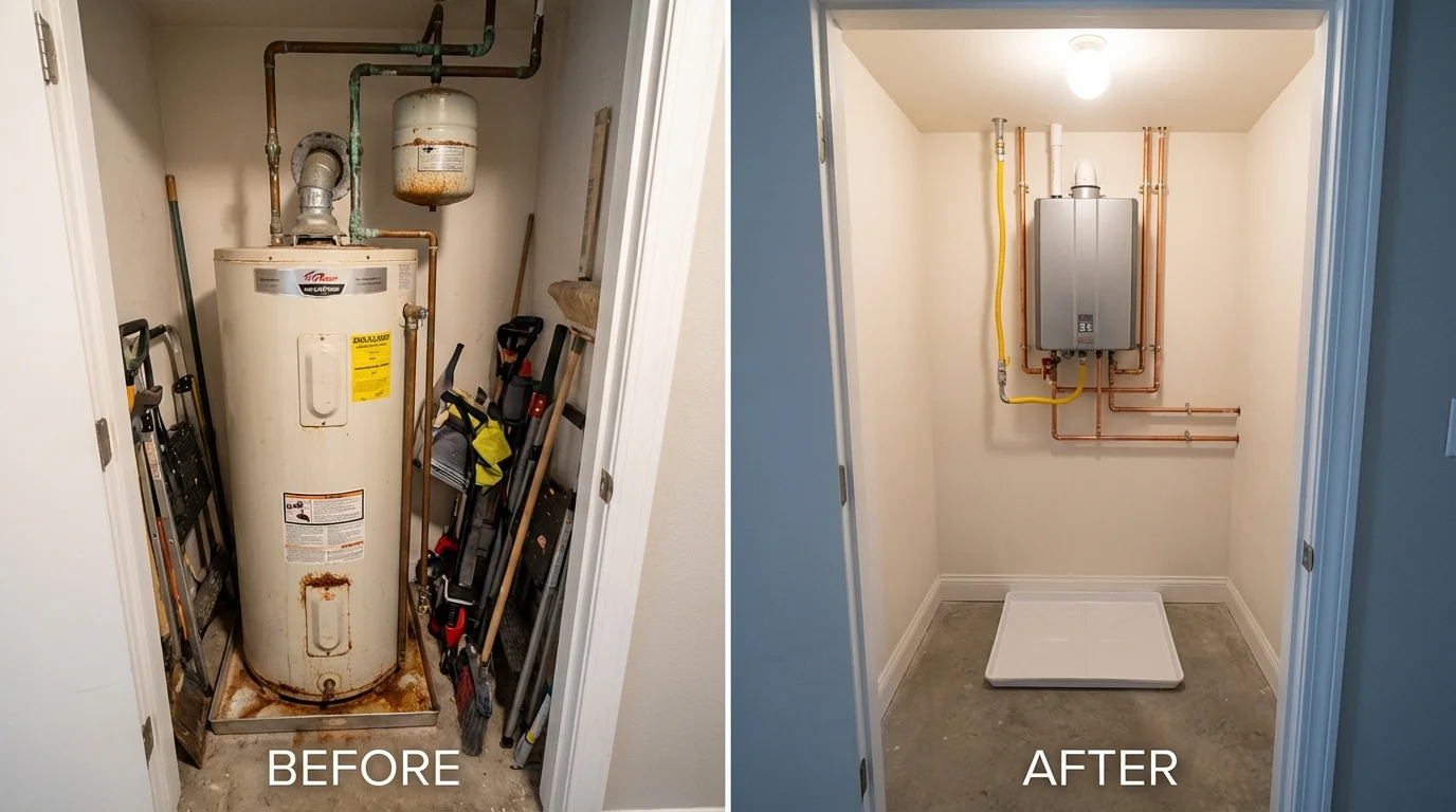 Tank water heater versus wall-mounted tankless unit comparison for Bedford, IA homeowners