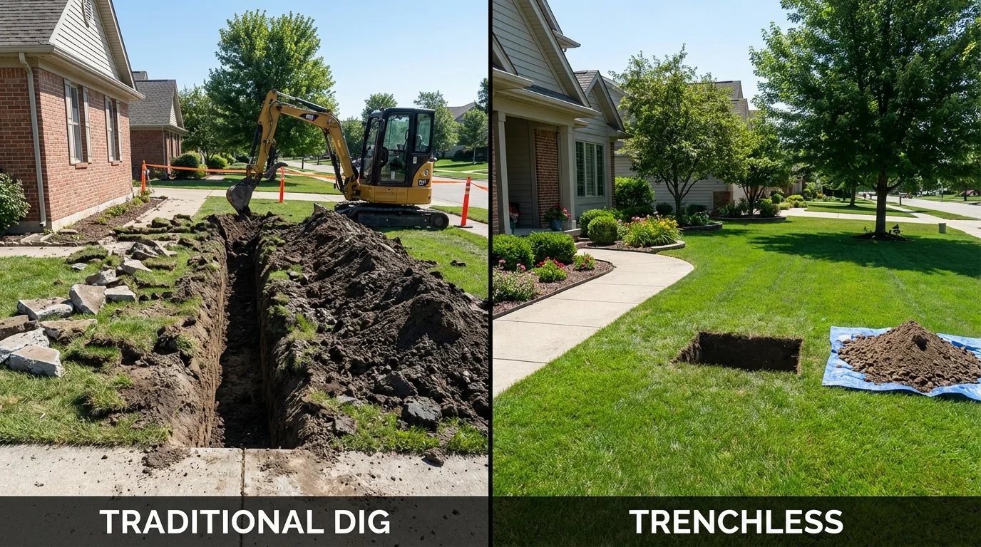 Trenchless sewer repair with minimal yard damage versus traditional excavation in Bedford, IA