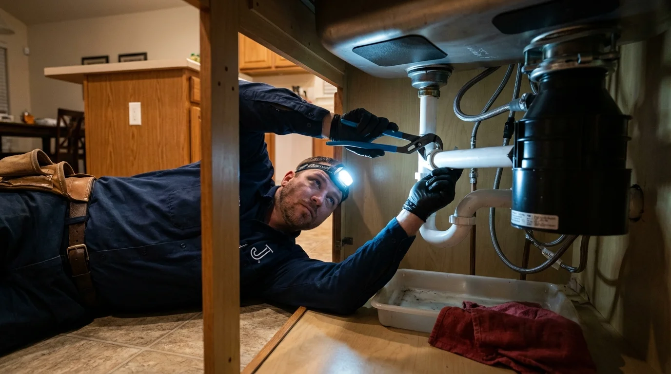 P-trap and supply line connections under a kitchen sink showing a common leak point in Bedford, IA